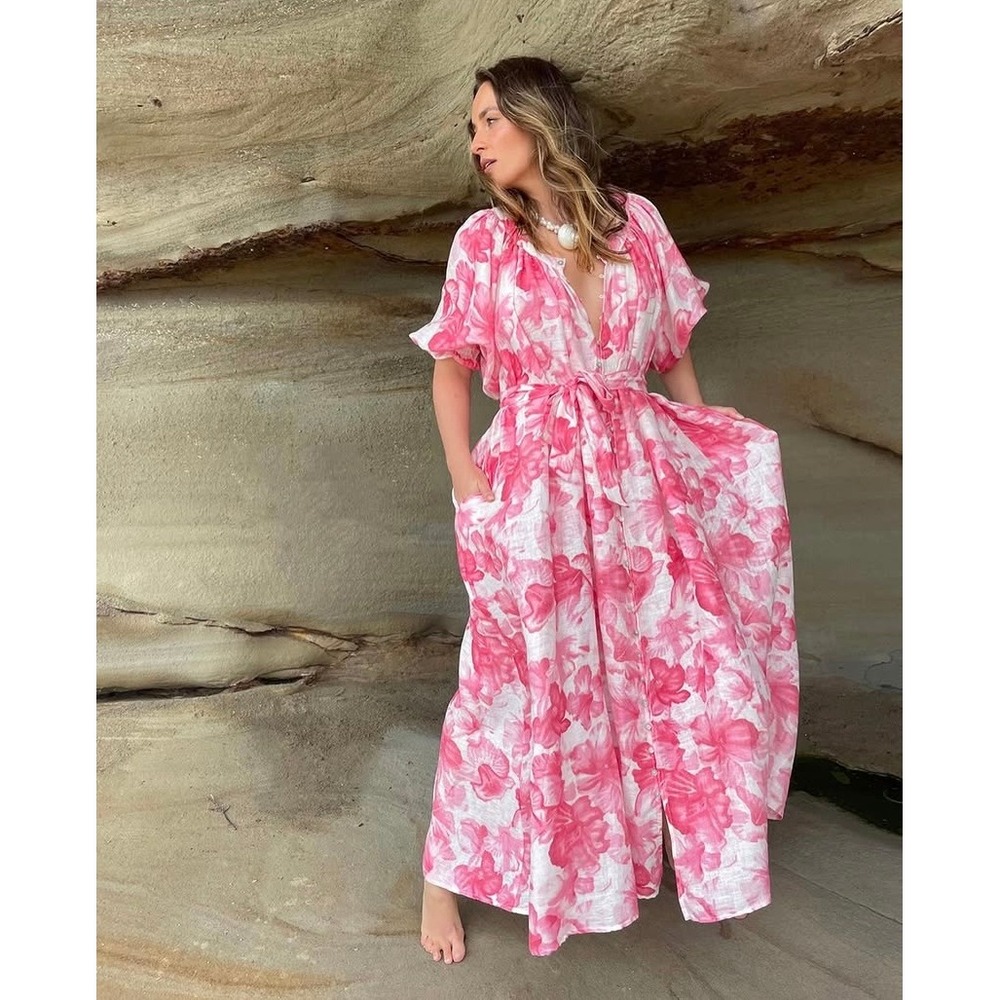 La Boheme Girls Camila Maxi Dress Aloha Pink Floral Button Front One Size NWT